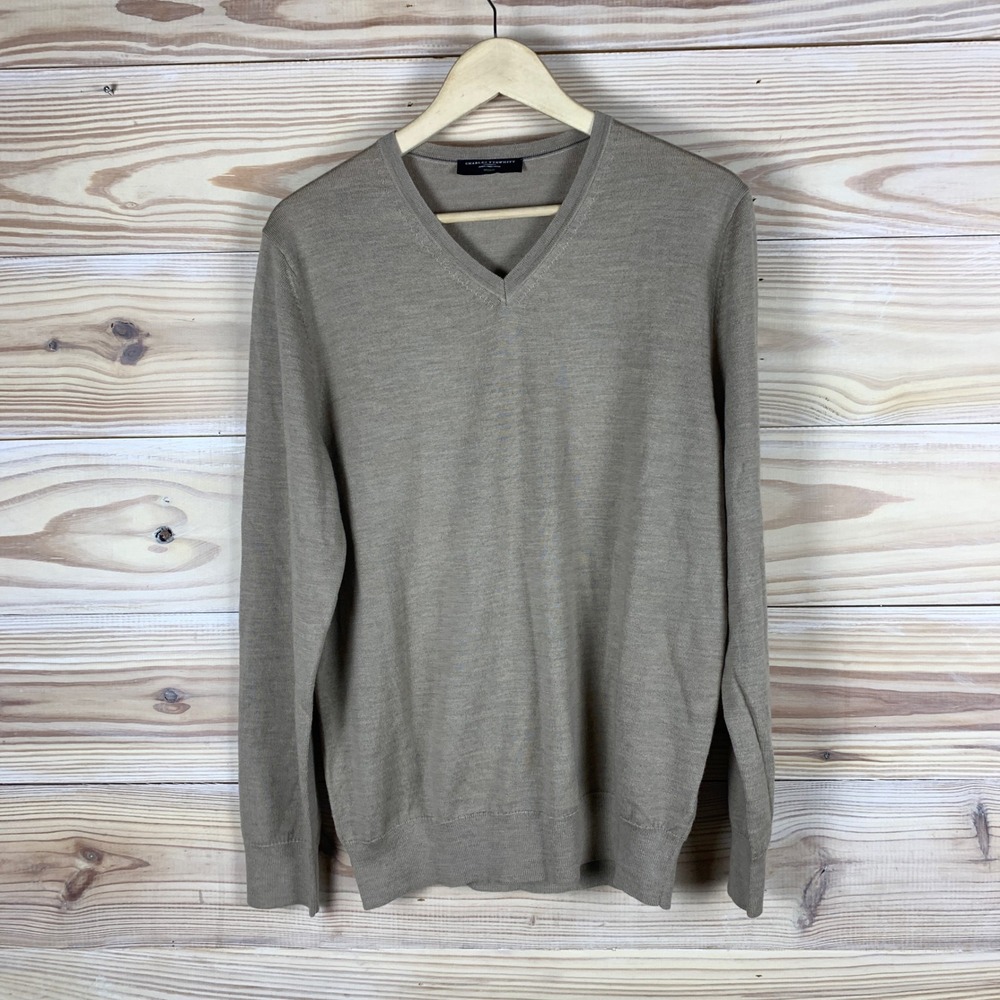 Charles Tyrwhitt Sweater Mens Medium Tan V-Neck Extra Fine Merino‎ Wool Classic